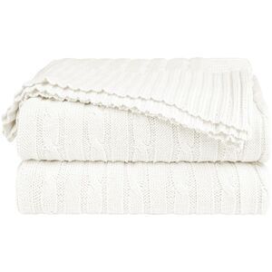 Cotton Cable Knit Throw Blanket Soft Throw Blankets for Sofa Bed White